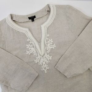 Talbots Petites Womens Beige White Trim 100% Linen 3/4 Sleeve Resort Blouse Mp